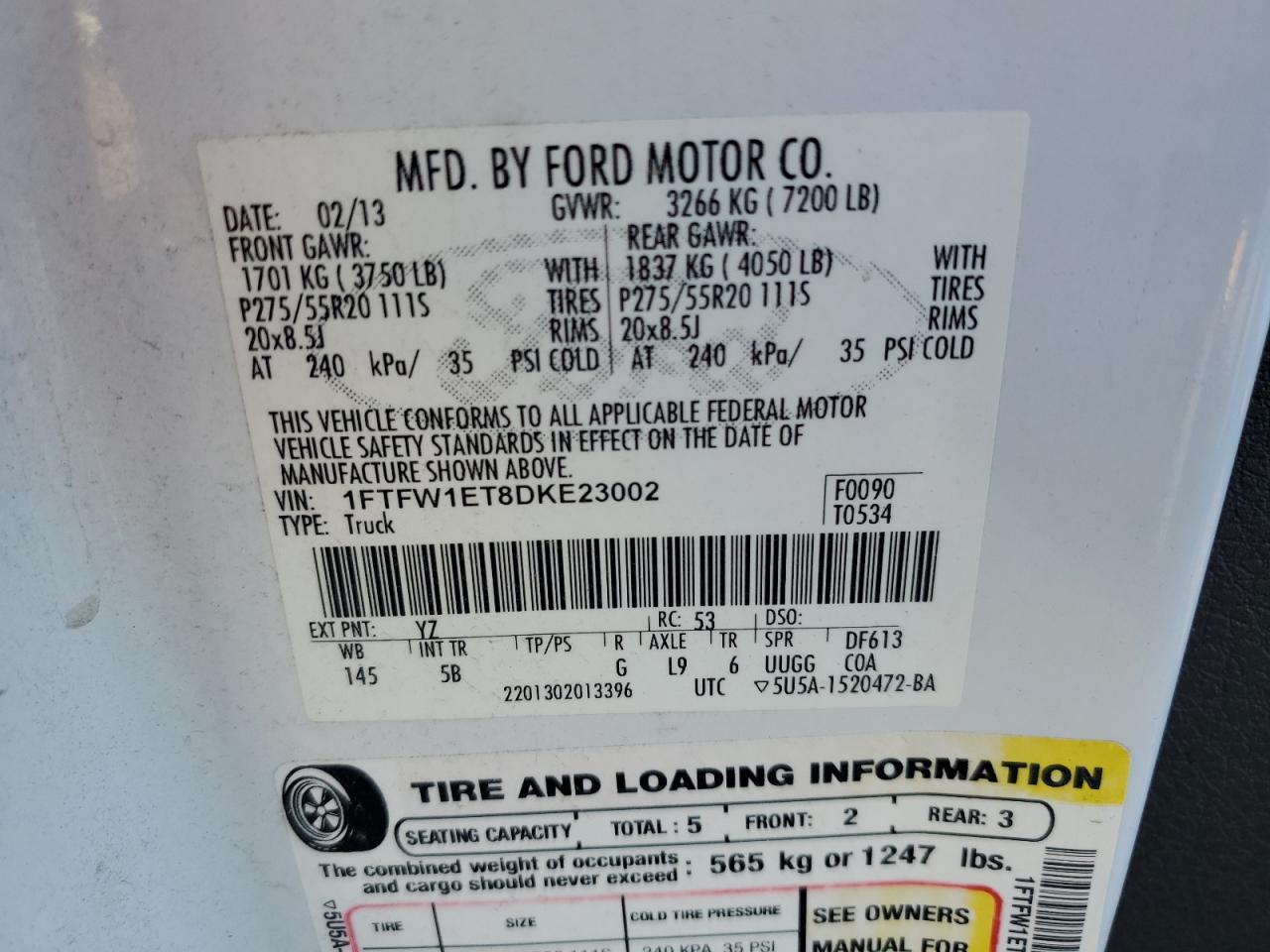 2013 Ford F150 Supercrew VIN: 1FTFW1ET8DKE23002 Lot: 90221445