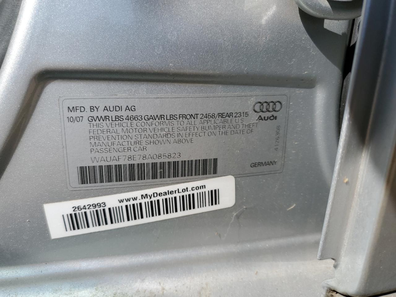 2008 Audi A4 2.0T VIN: WAUAF78E78A085823 Lot: 86156735