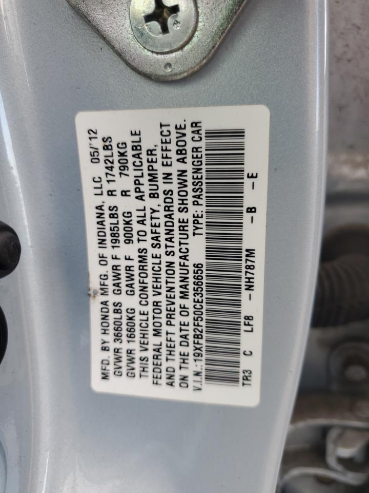 2012 Honda Civic Lx VIN: 19XFB2F50CE356656 Lot: 85706695