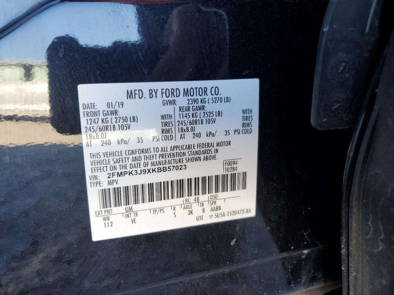 2019 Ford Edge Sel VIN: 2FMPK3J9XKBB57023 Lot: 82259025