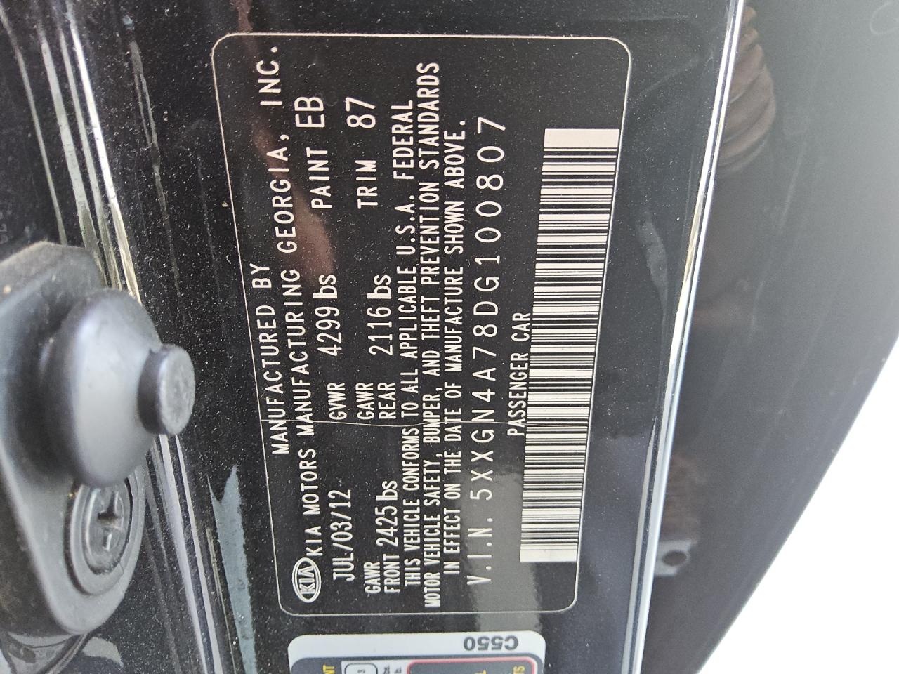 2013 Kia Optima Ex VIN: 5XXGN4A78DG100807 Lot: 87472705