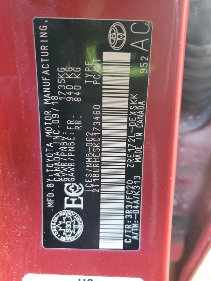 2019 Toyota Corolla L VIN: 2T1BURHE5KC173460 Lot: 86092995