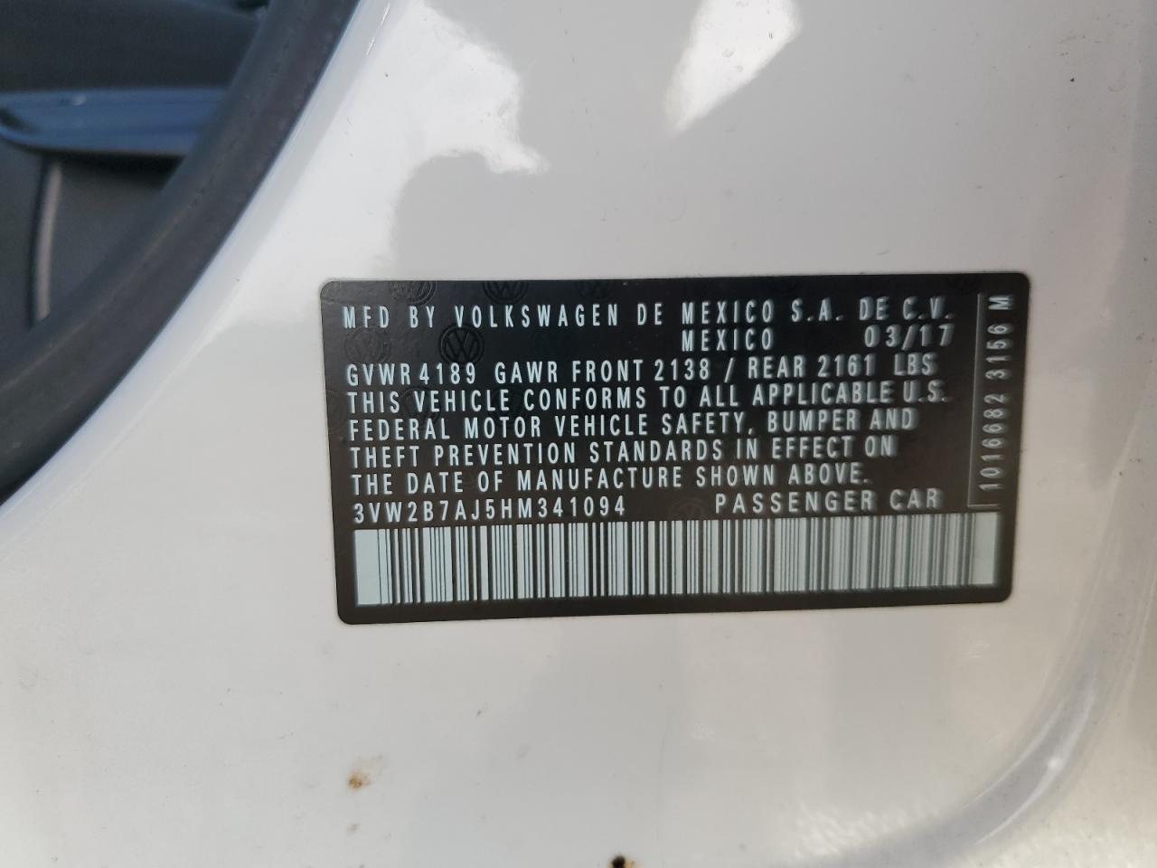 2017 Volkswagen Jetta S VIN: 3VW2B7AJ5HM341094 Lot: 81991445