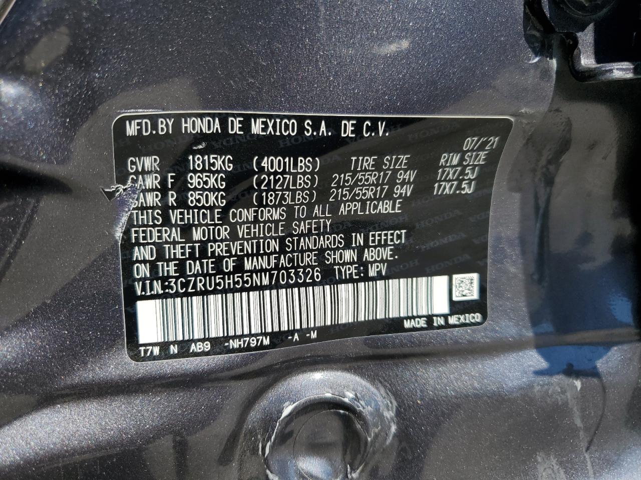 2022 Honda Hr-V Ex VIN: 3CZRU5H55NM703326 Lot: 81766005