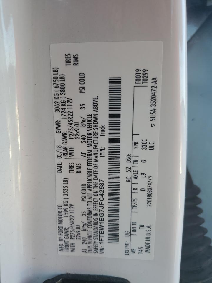 2018 Ford F150 Supercrew VIN: 1FTEW1EG7JFC42587 Lot: 86125645