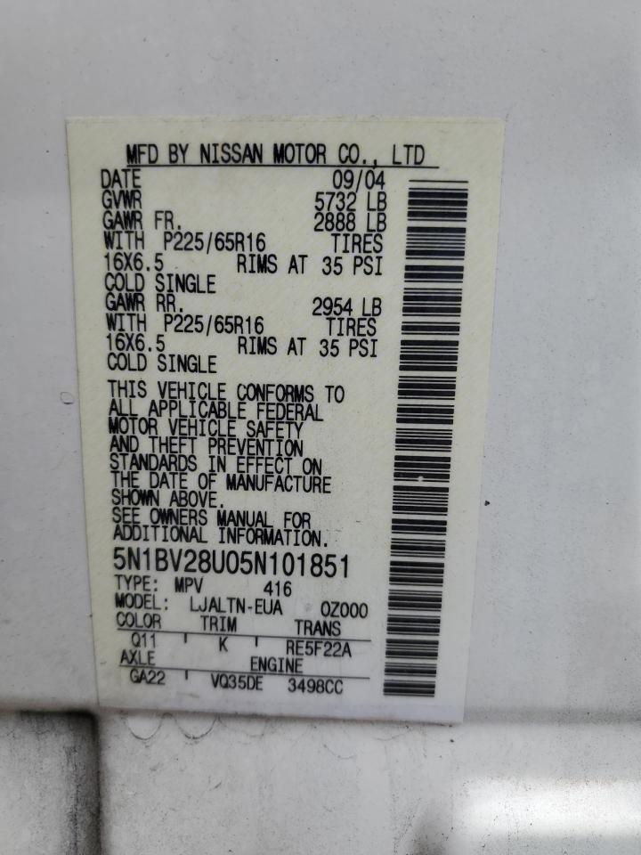 2005 Nissan Quest S VIN: 5N1BV28U05N101851 Lot: 90094145