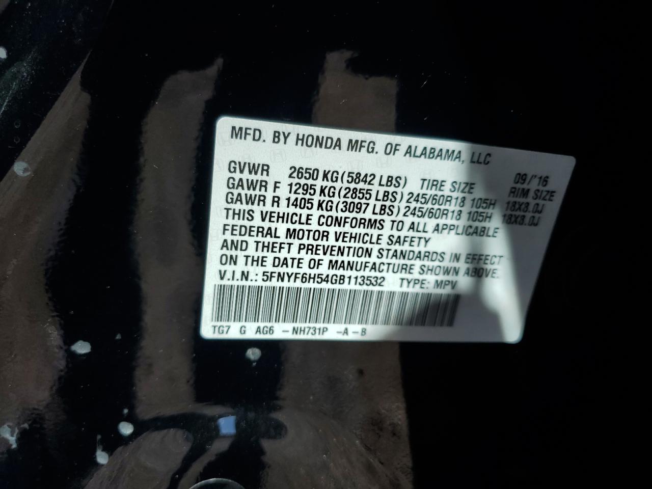 2016 Honda Pilot Exl VIN: 5FNYF6H54GB113532 Lot: 82246555