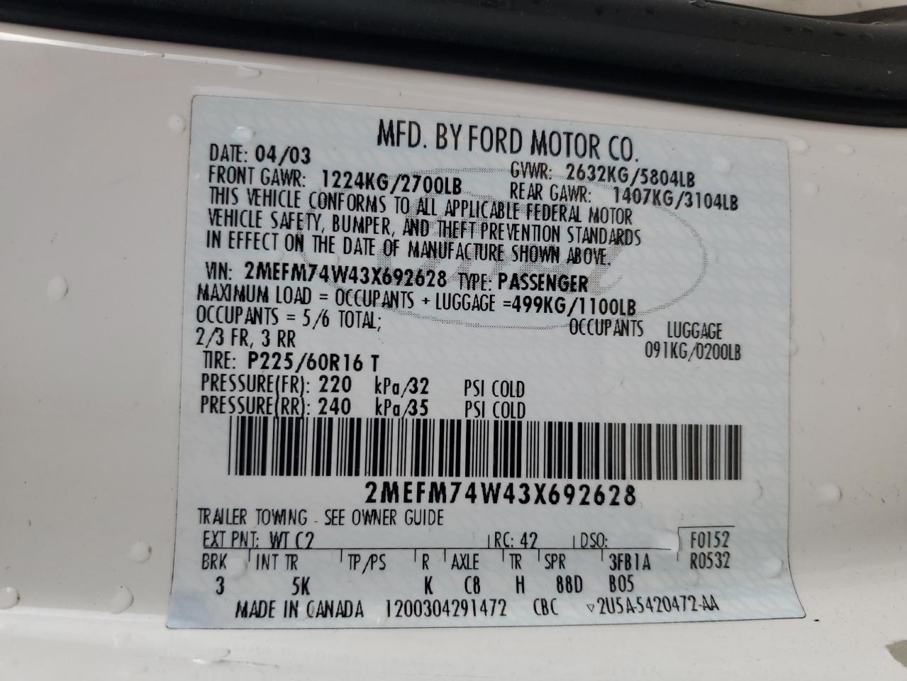 2003 Mercury Grand Marquis Gs VIN: 2MEFM74W43X692628 Lot: 87106895