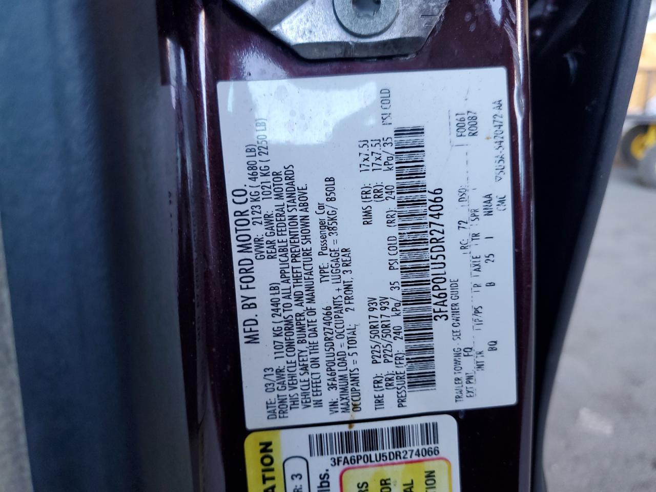 2013 Ford Fusion Se Hybrid VIN: 3FA6P0LU5DR274066 Lot: 82737565