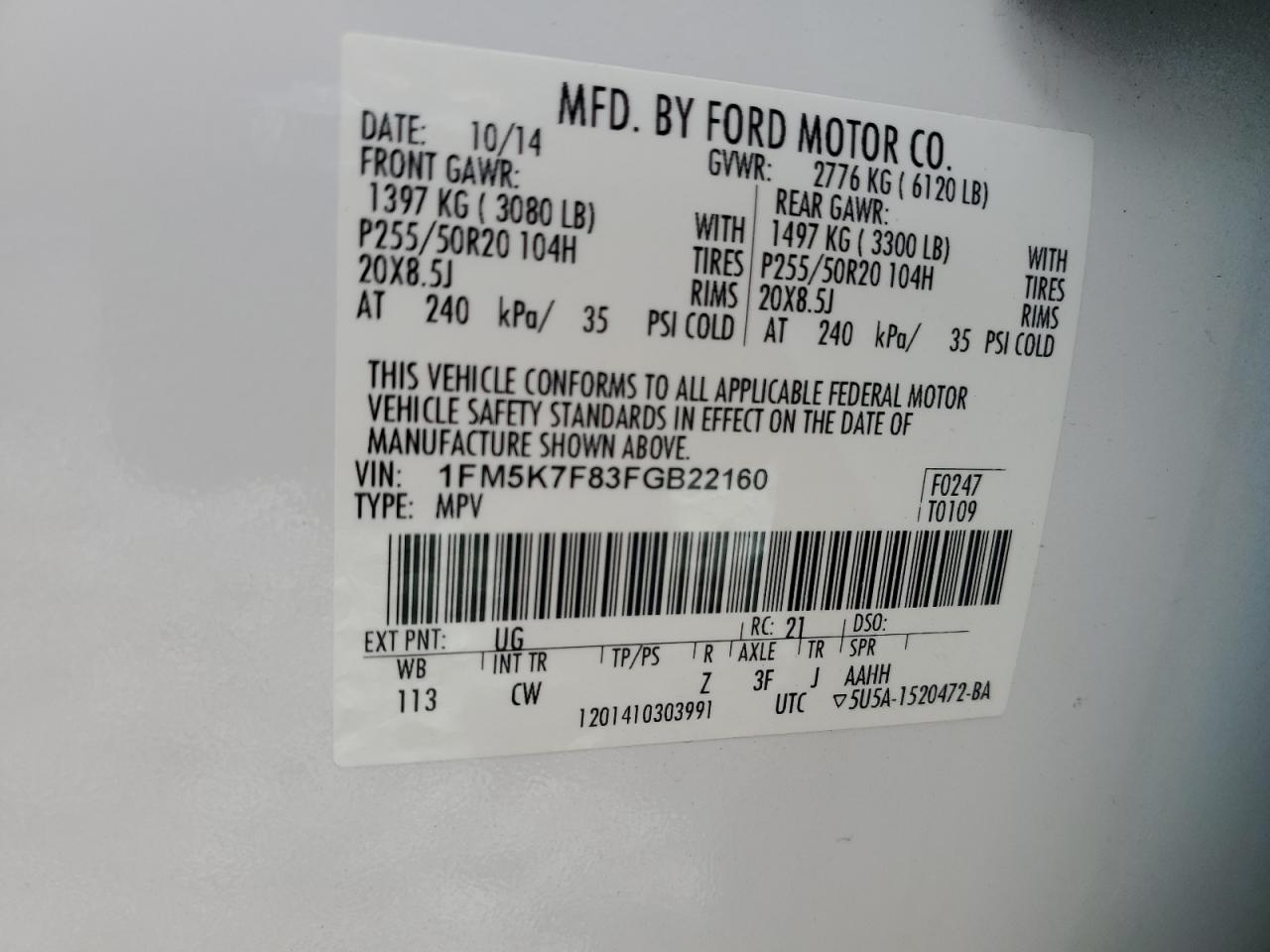 2015 Ford Explorer Limited VIN: 1FM5K7F83FGB22160 Lot: 85190025