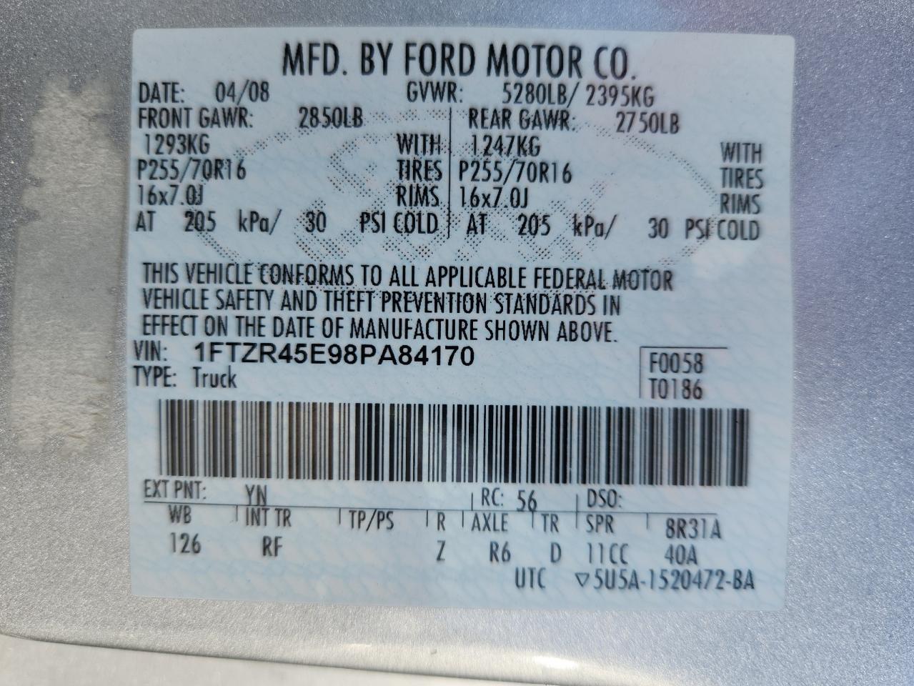 2008 Ford Ranger Super Cab VIN: 1FTZR45E98PA84170 Lot: 90504305