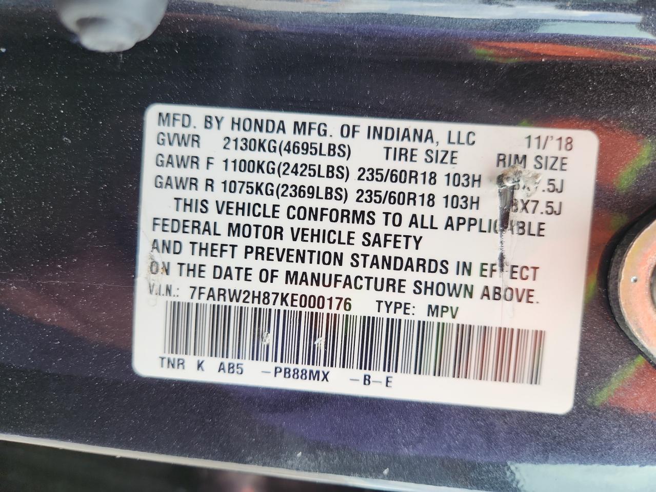 2019 Honda Cr-V Exl VIN: 7FARW2H87KE000176 Lot: 85162295
