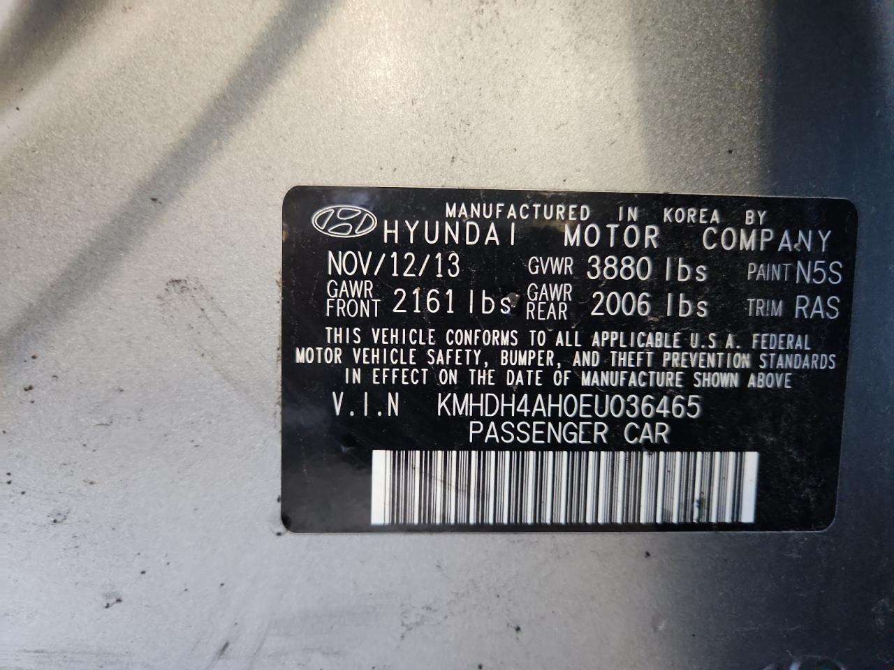 2014 Hyundai Elantra Se VIN: KMHDH4AH0EU036465 Lot: 85115535