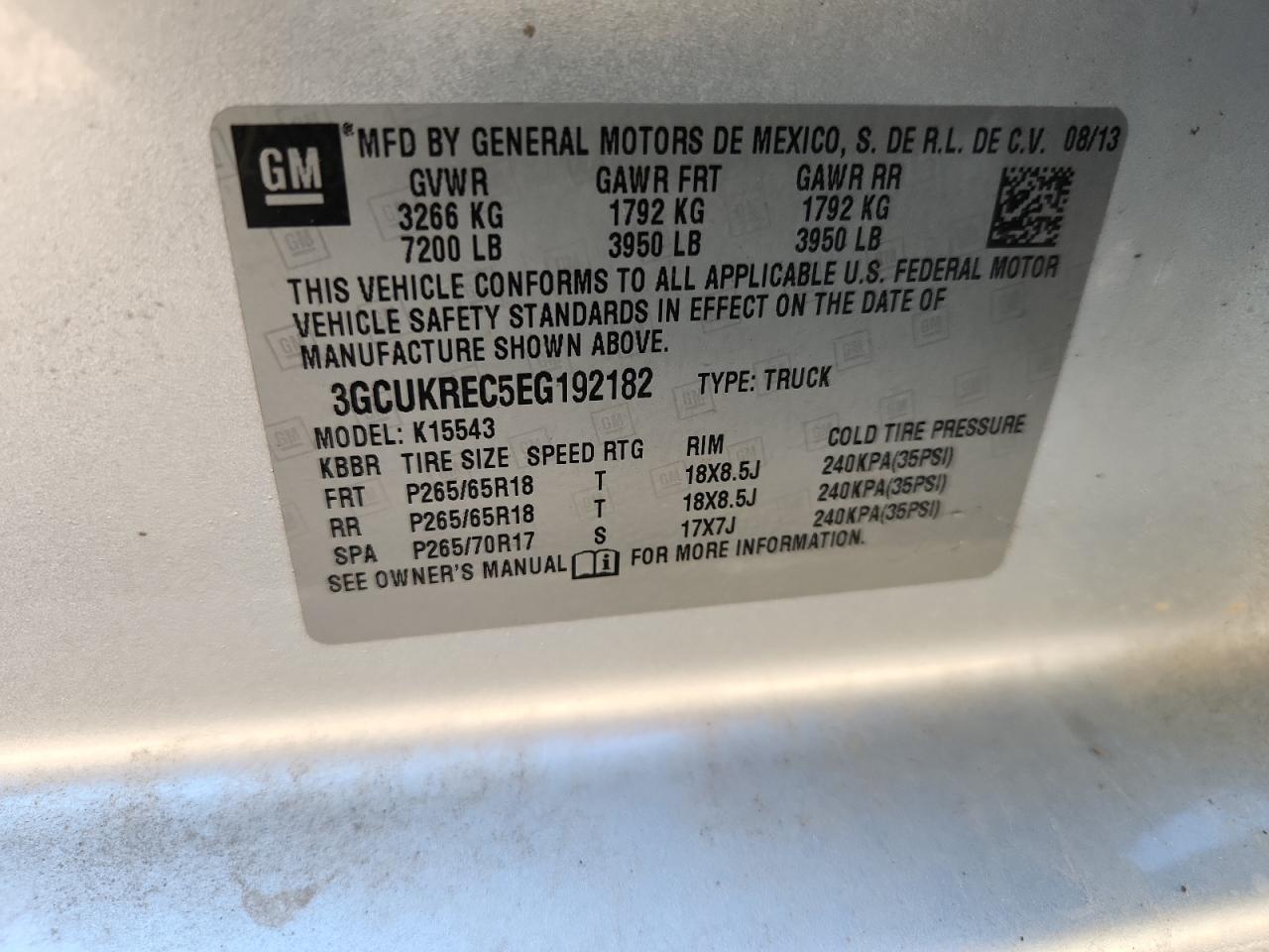 2014 Chevrolet Silverado K1500 Lt VIN: 3GCUKREC5EG192182 Lot: 85187515