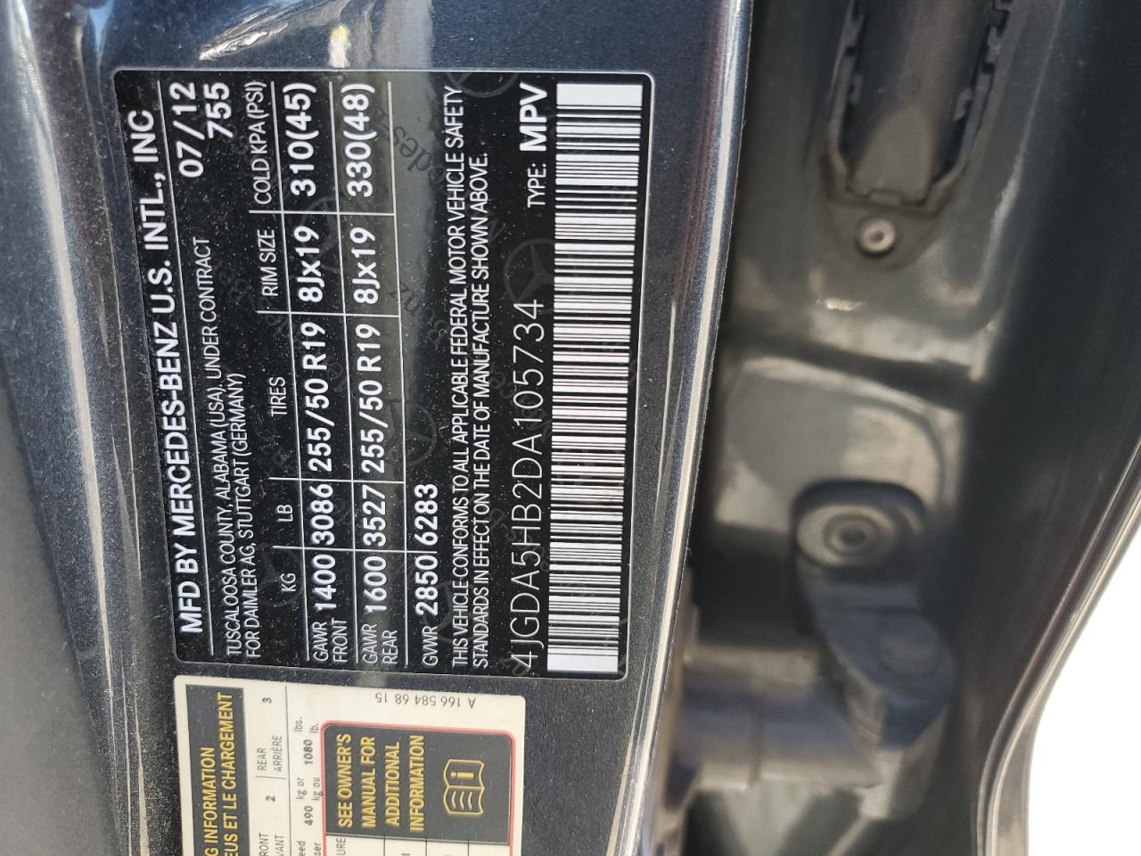 2013 Mercedes-Benz Ml 350 4Matic VIN: 4JGDA5HB2DA105734 Lot: 84995005