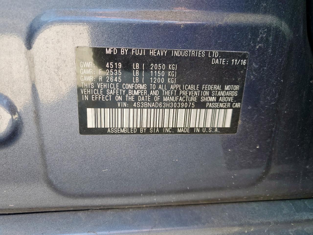 2017 Subaru Legacy 2.5I Premium VIN: 4S3BNAD63H3039075 Lot: 81570135