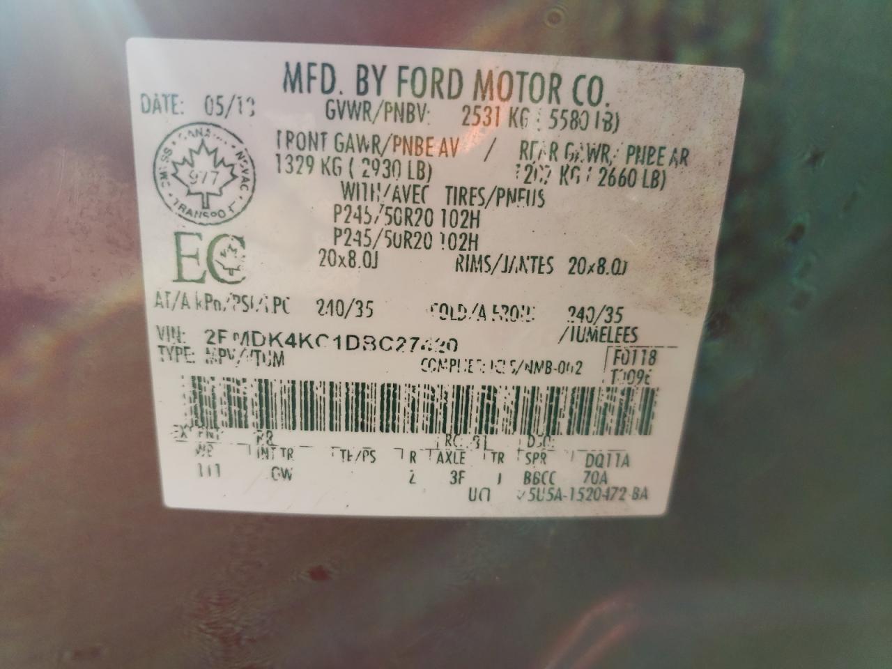 2013 Ford Edge Limited VIN: 2FMDK4KC1DBC27420 Lot: 84802565