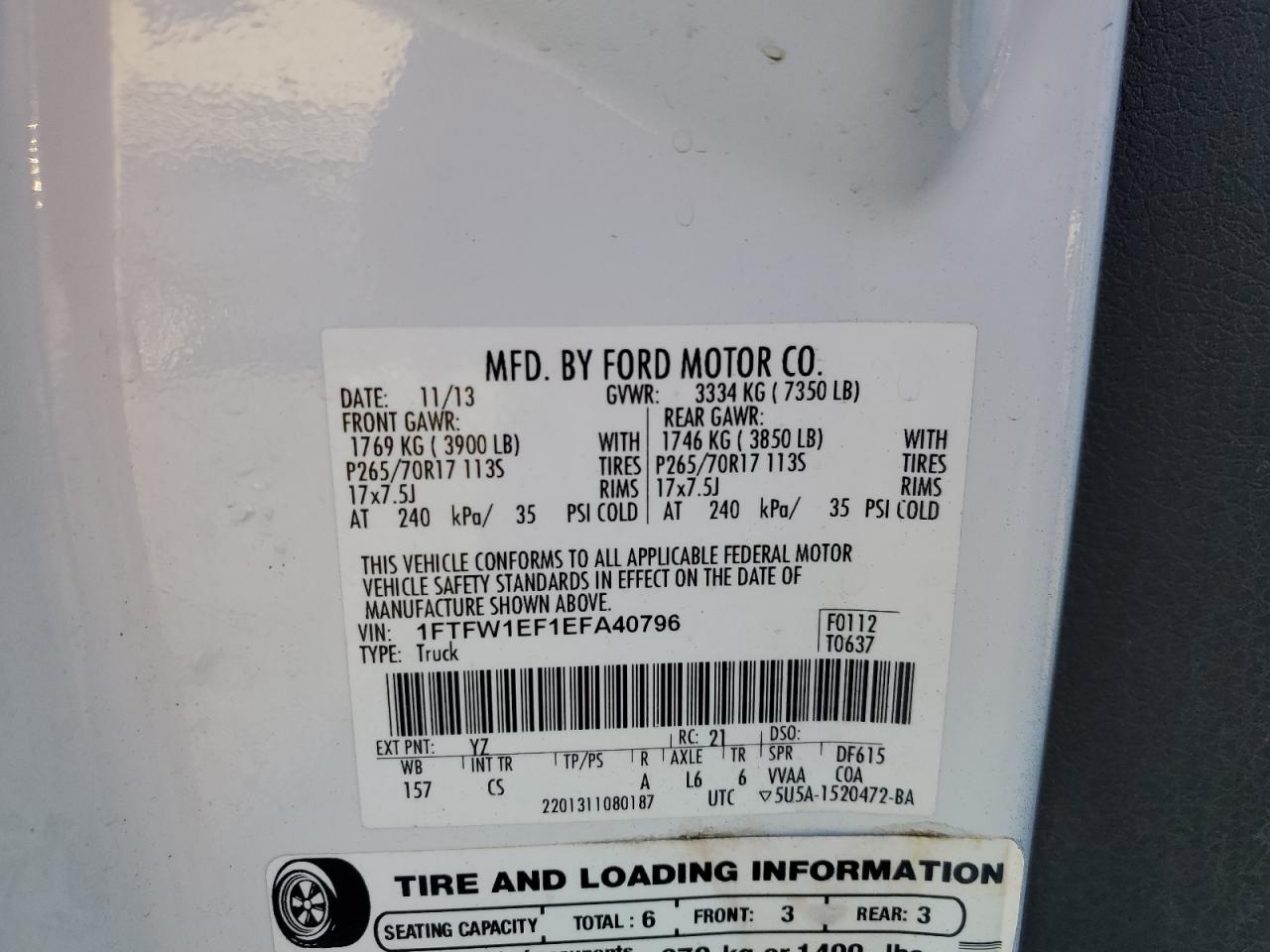 2014 Ford F150 Supercrew VIN: 1FTFW1EF1EFA40796 Lot: 84918765