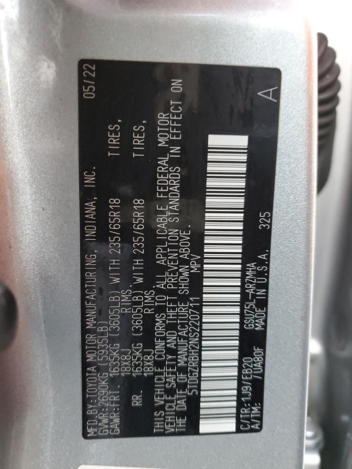 2022 Toyota Highlander Xle VIN: 5TDGZRBH2NS220711 Lot: 89523895