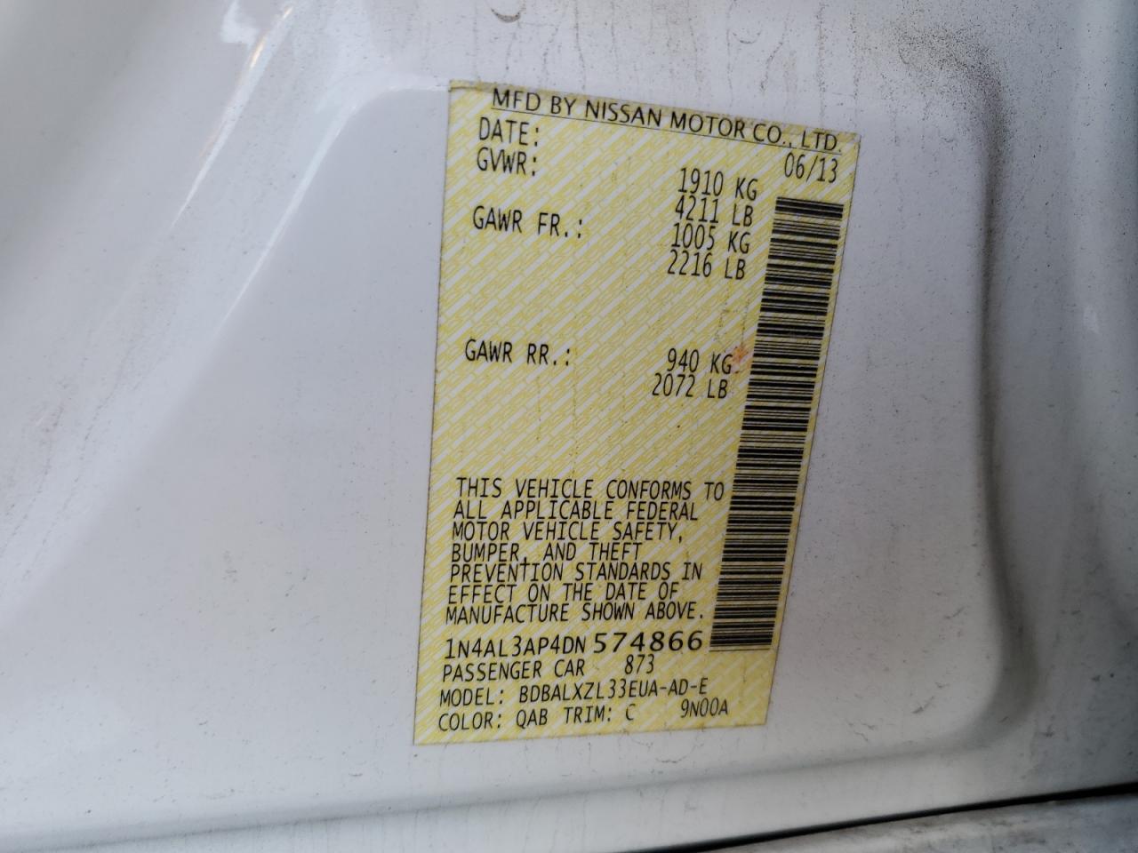 2013 Nissan Altima 2.5 VIN: 1N4AL3AP4DN574866 Lot: 86168445