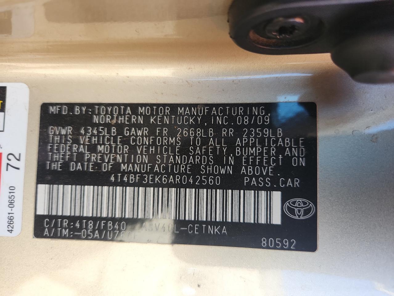 2010 Toyota Camry Base VIN: 4T4BF3EK6AR042560 Lot: 84806255