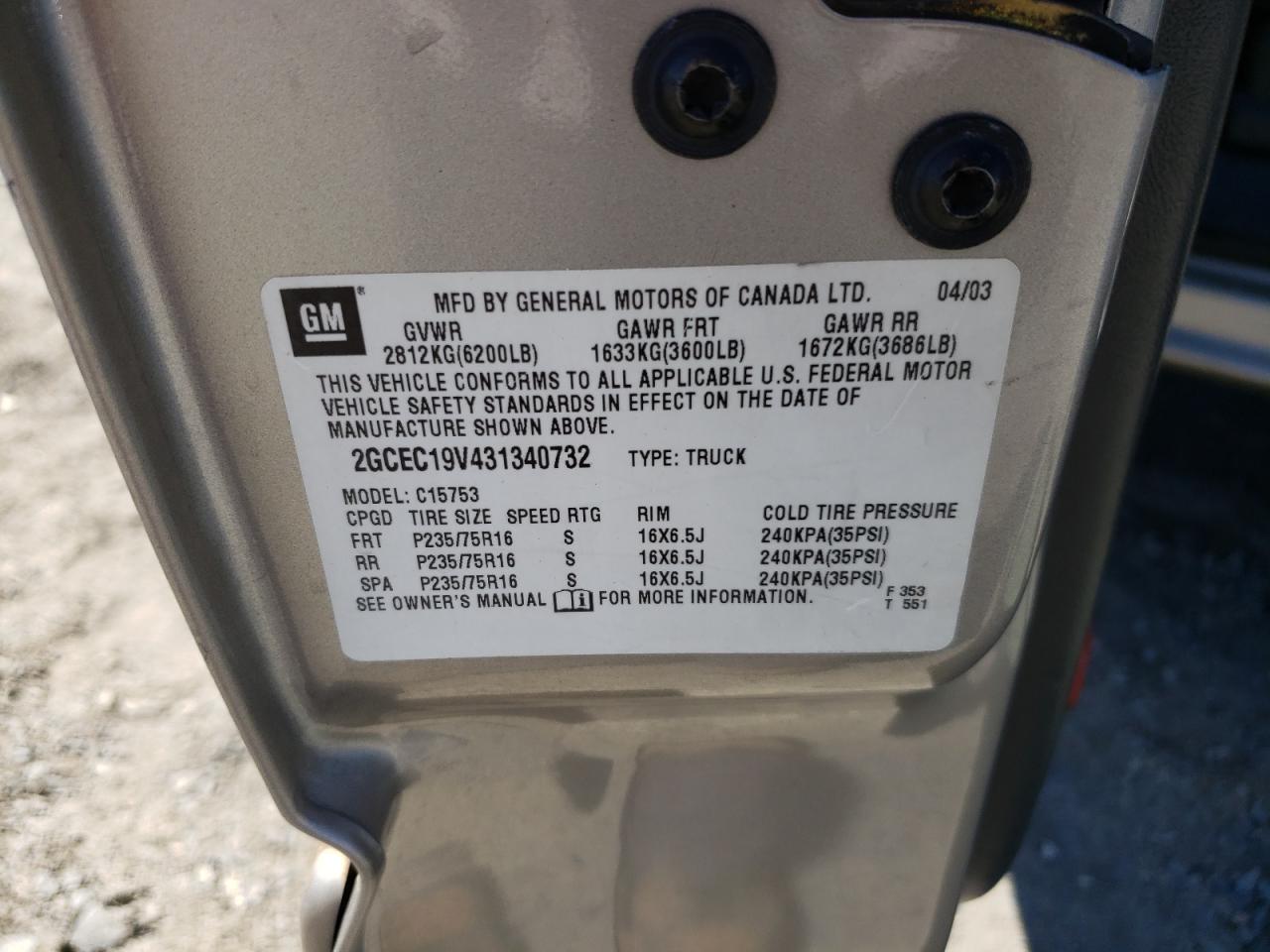 2003 Chevrolet Silverado C1500 VIN: 2GCEC19V431340732 Lot: 82248655