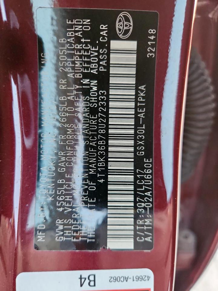 2008 Toyota Avalon Xl VIN: 4T1BK36B78U272333 Lot: 82349485