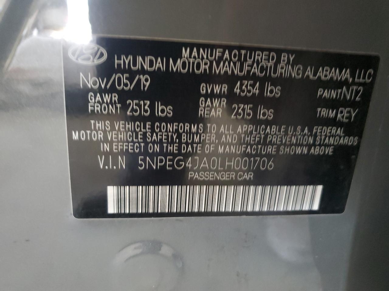 2020 Hyundai Sonata Se VIN: 5NPEG4JA0LH001706 Lot: 85744515