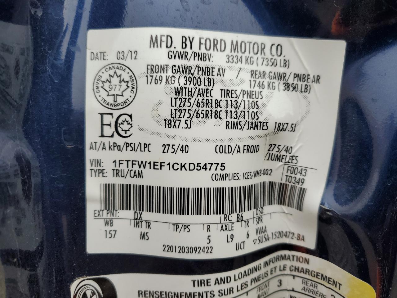 2012 Ford F150 Supercrew VIN: 1FTFW1EF1CKD54775 Lot: 86483105