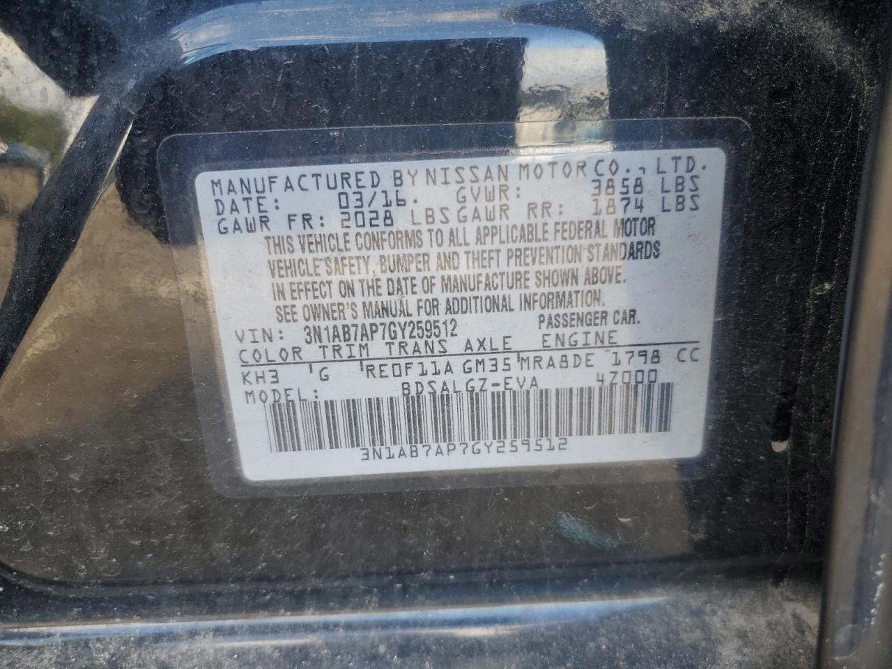 2016 Nissan Sentra S VIN: 3N1AB7AP7GY259512 Lot: 81930335