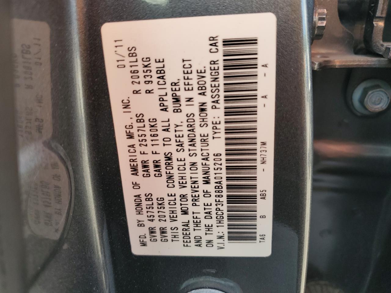 2011 Honda Accord Exl VIN: 1HGCP3F88BA015206 Lot: 86222015