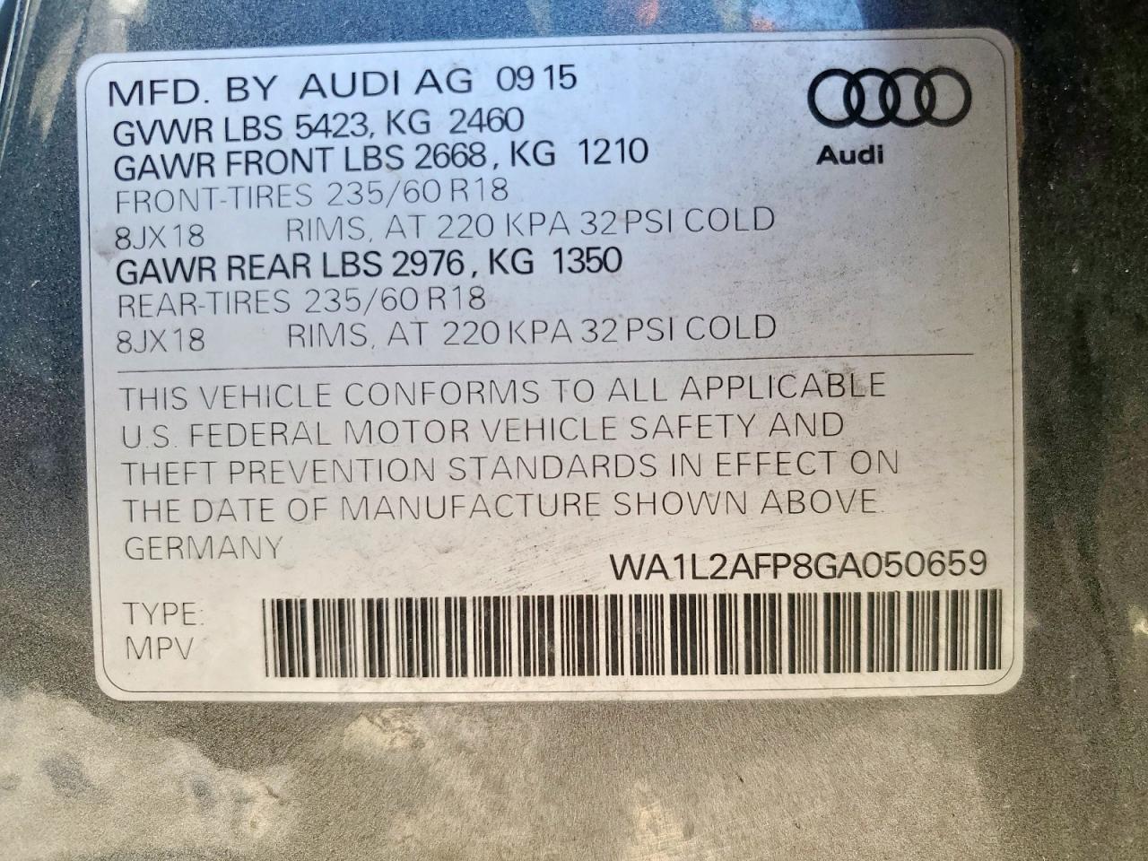 2016 Audi Q5 Premium Plus VIN: WA1L2AFP8GA050659 Lot: 84982285
