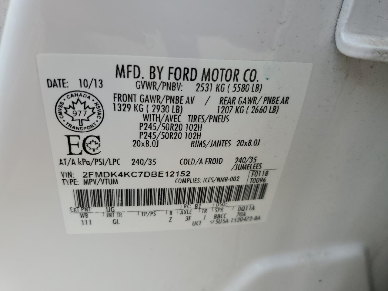 2013 Ford Edge Limited VIN: 2FMDK4KC7DBE12152 Lot: 82420835