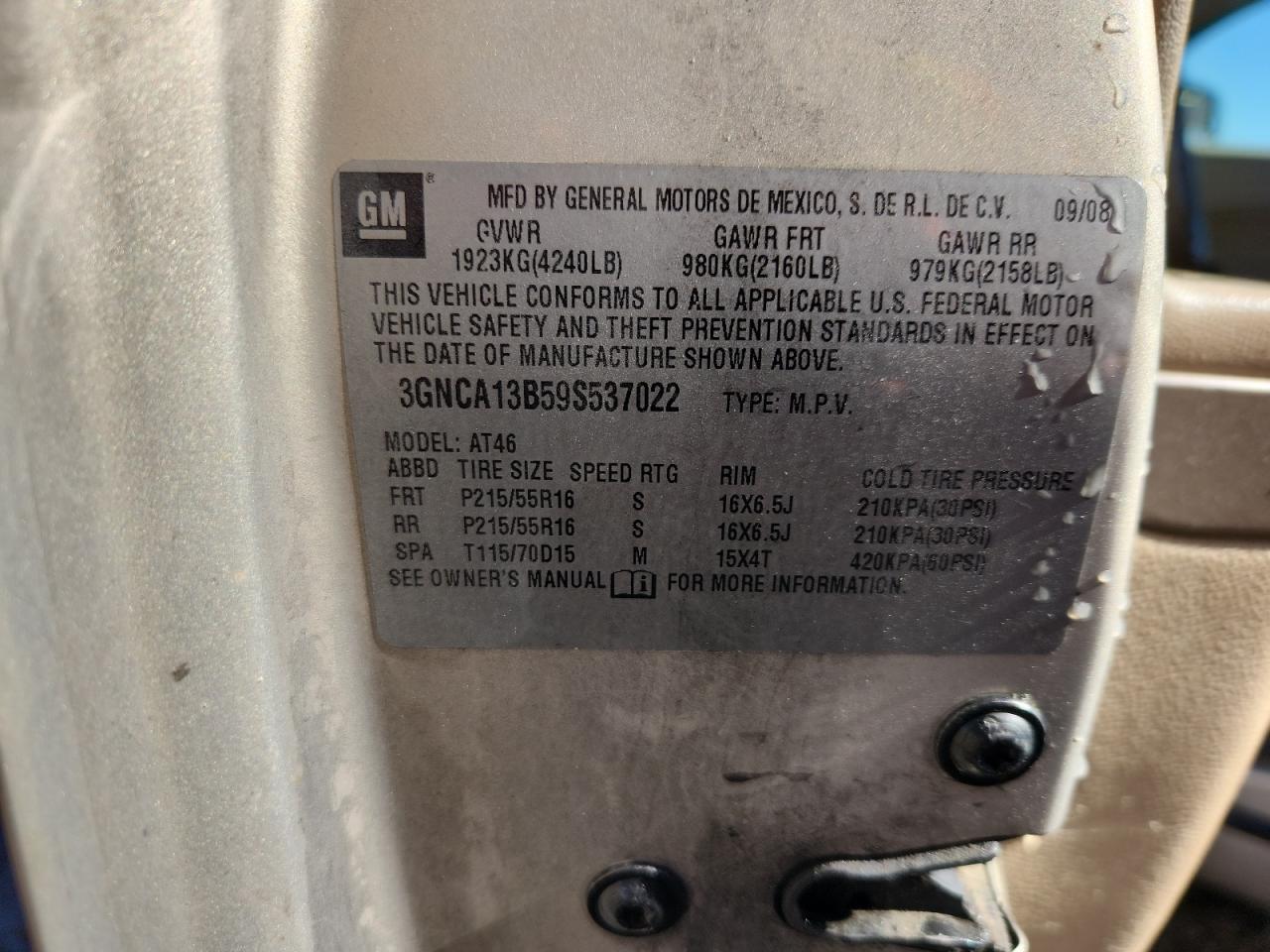 2009 Chevrolet Hhr Ls VIN: 3GNCA13B59S537022 Lot: 89801945