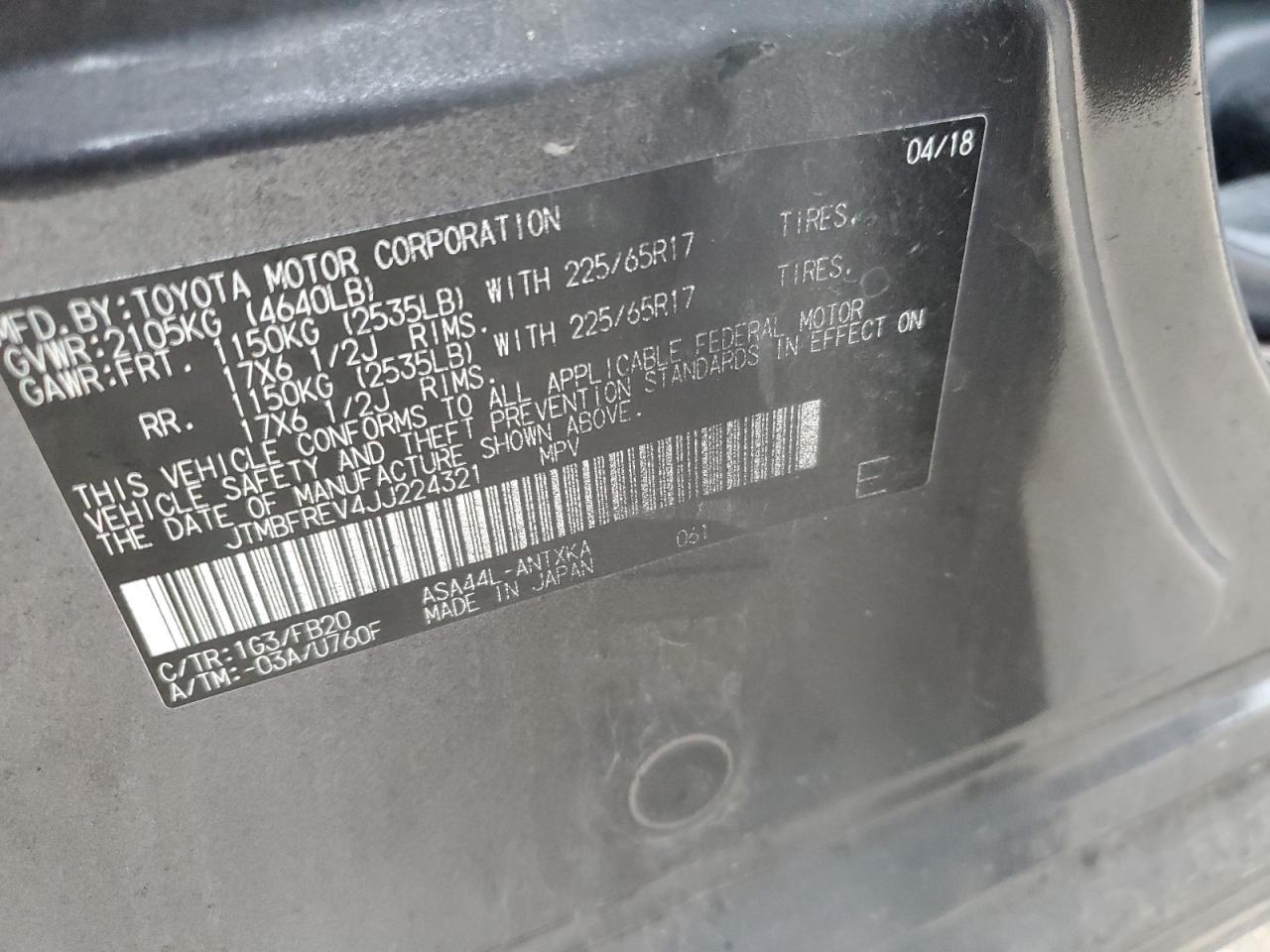 2018 Toyota Rav4 Le VIN: JTMBFREV4JJ224321 Lot: 85479245