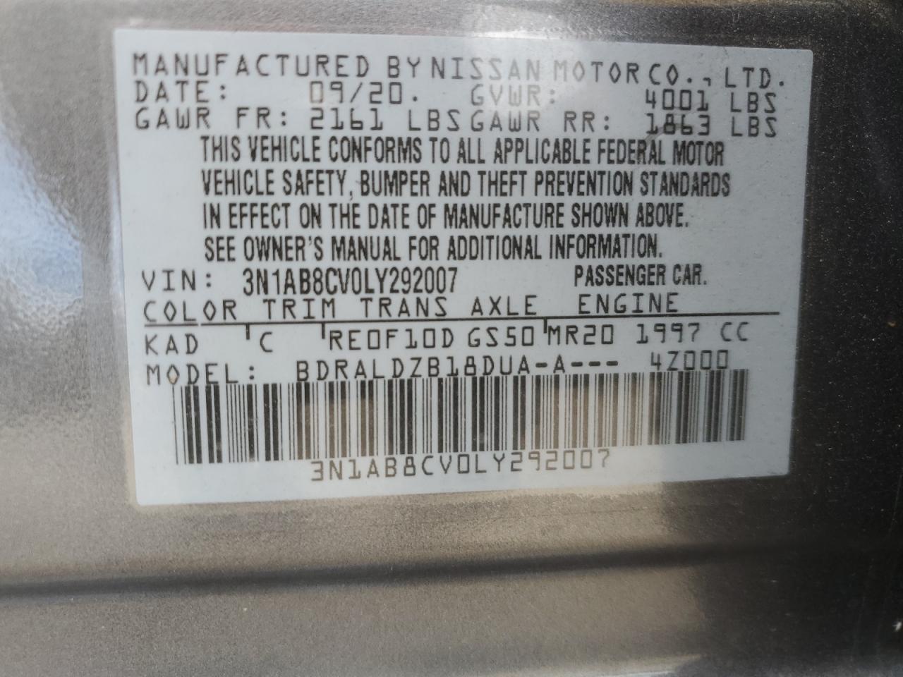 2020 Nissan Sentra Sv VIN: 3N1AB8CV0LY292007 Lot: 85718515