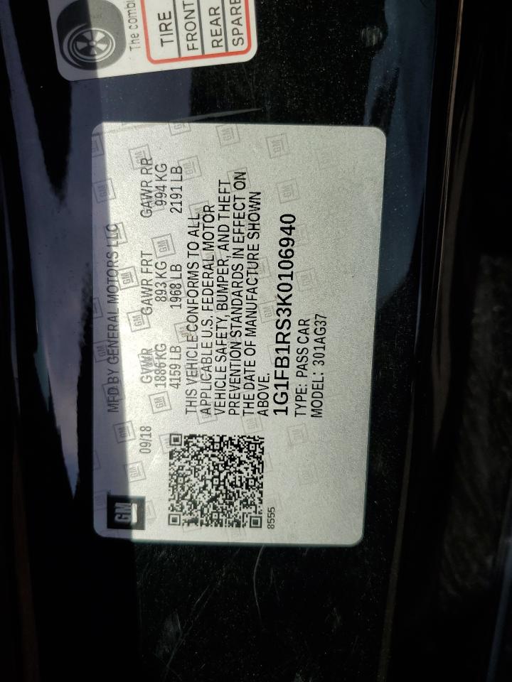 2019 Chevrolet Camaro Ls VIN: 1G1FB1RS3K0106940 Lot: 82202825