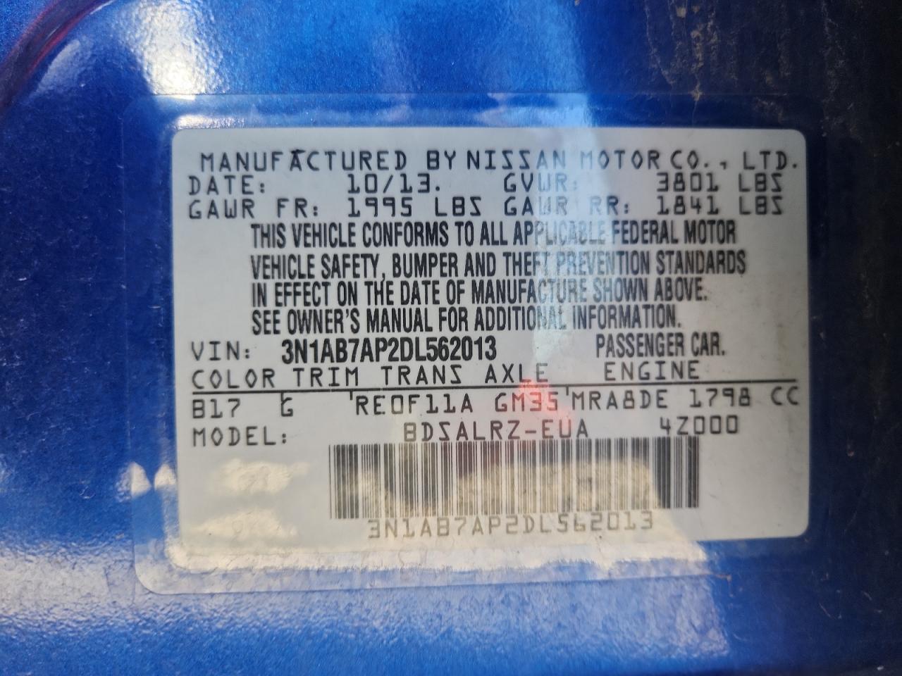 2013 Nissan Sentra S VIN: 3N1AB7AP2DL562013 Lot: 84755705