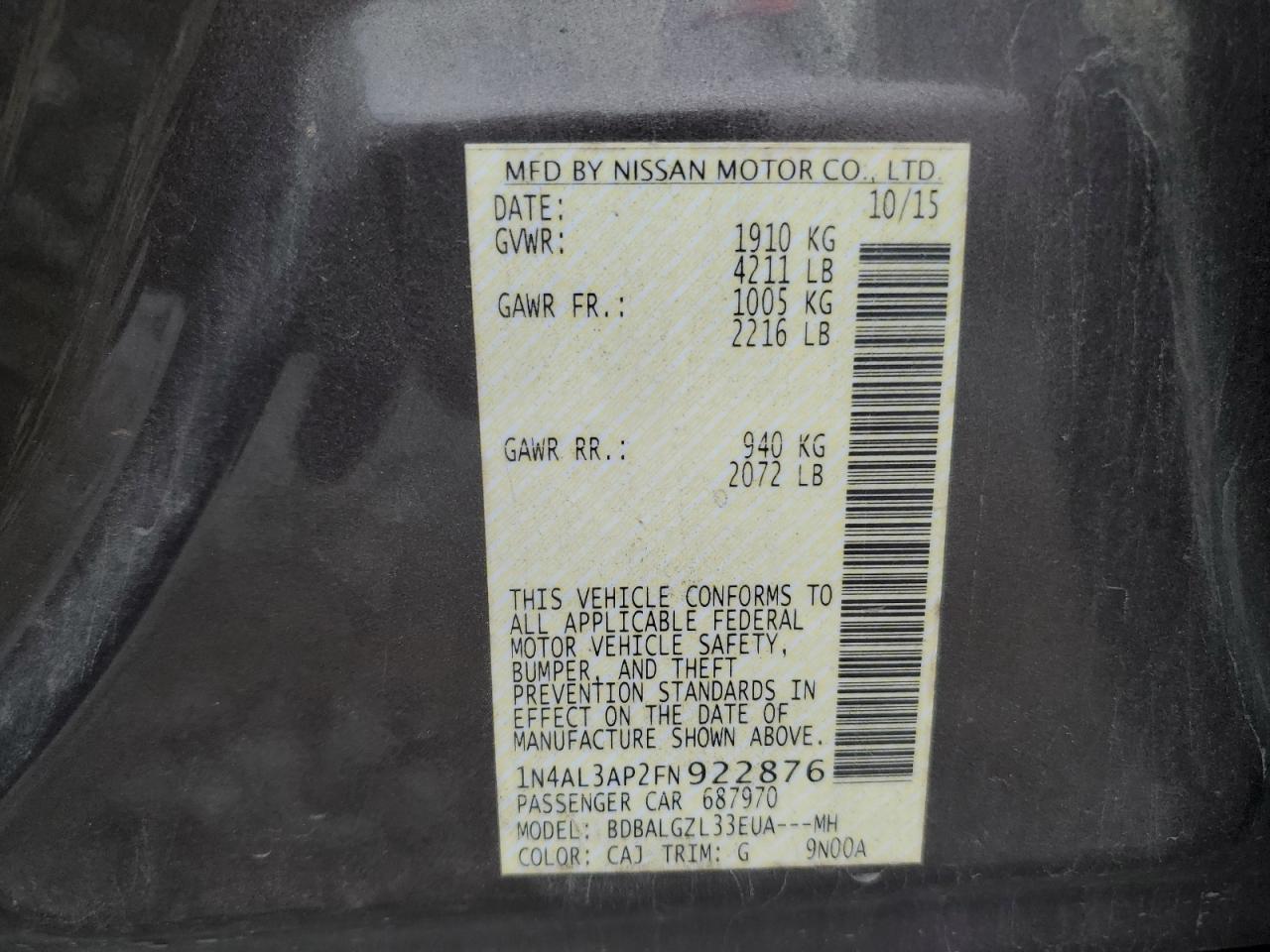 2015 Nissan Altima 2.5 VIN: 1N4AL3AP2FN922876 Lot: 89934135