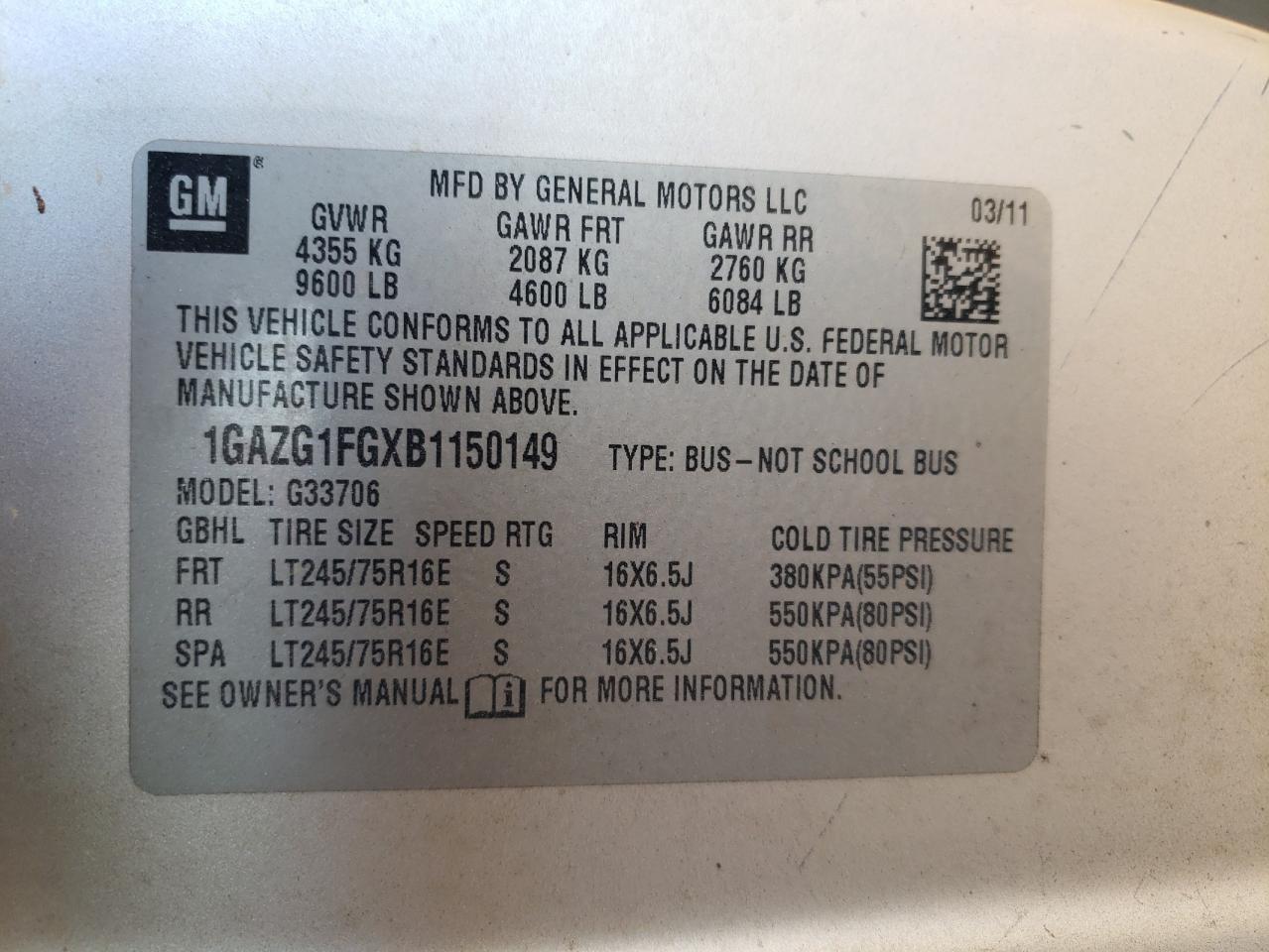 2011 Chevrolet Express G3500 Lt VIN: 1GAZG1FGXB1150149 Lot: 89523015