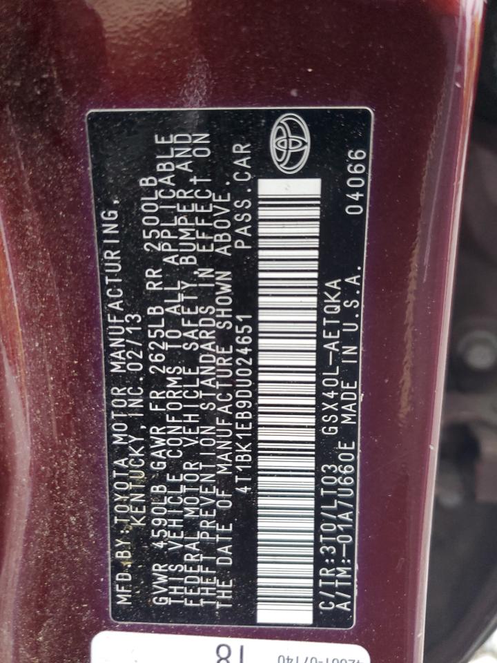 2013 Toyota Avalon Base VIN: 4T1BK1EB9DU024651 Lot: 86094245