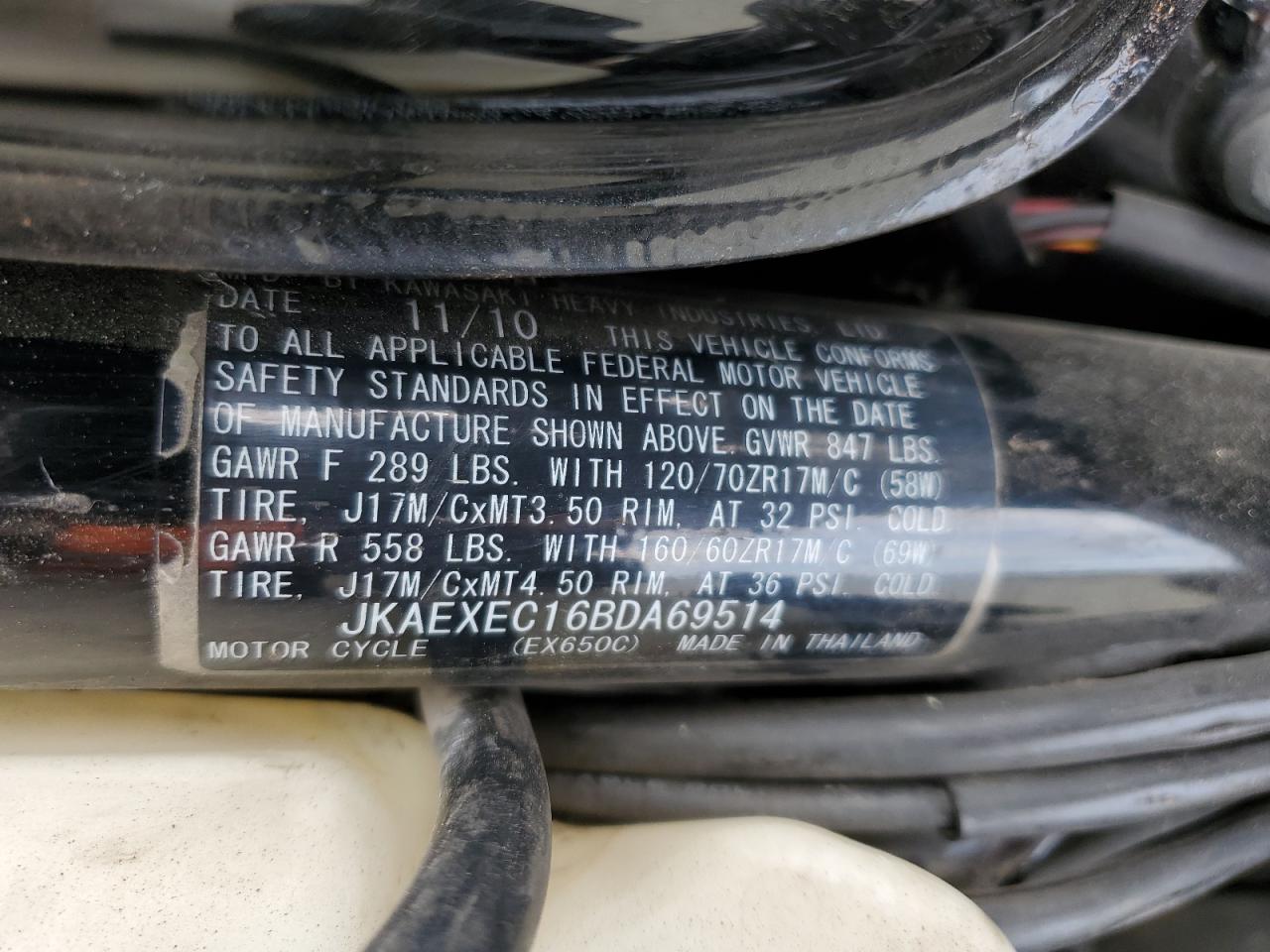 2011 Kawasaki Ex650 C VIN: JKAEXEC16BDA69514 Lot: 81994865