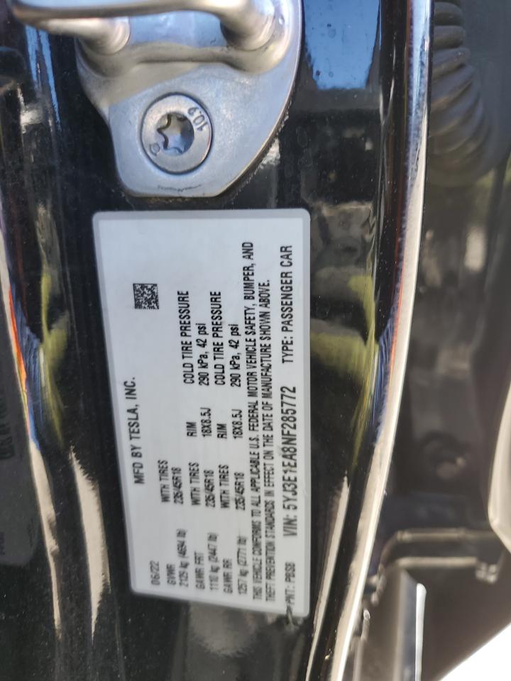 2022 Tesla Model 3 VIN: 5YJ3E1EA8NF285772 Lot: 84989515