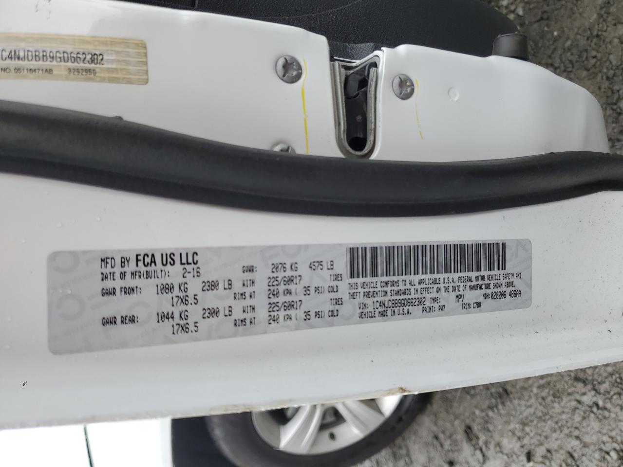 2016 Jeep Compass Sport VIN: 1C4NJDBB9GD662302 Lot: 84934735