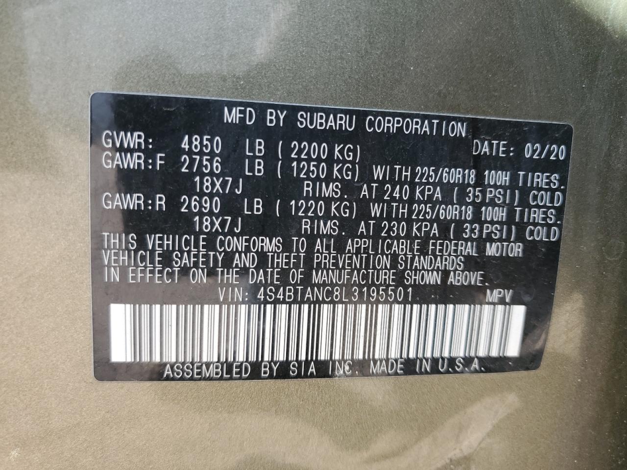 2020 Subaru Outback Limited VIN: 4S4BTANC8L3195501 Lot: 84757135