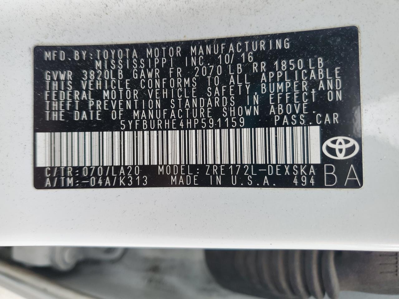 2017 Toyota Corolla L VIN: 5YFBURHE4HP591159 Lot: 85378305