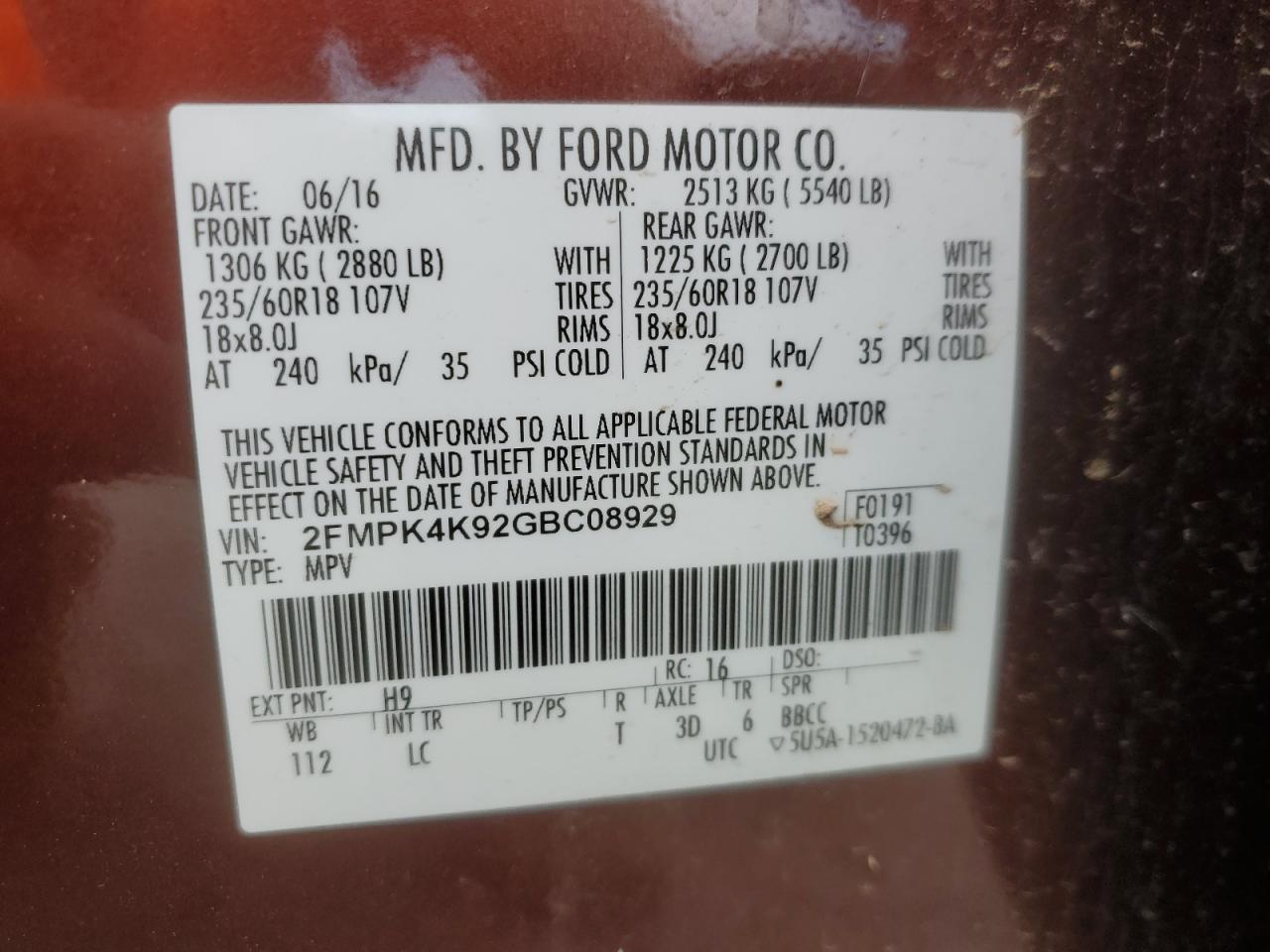 2016 Ford Edge Titanium VIN: 2FMPK4K92GBC08929 Lot: 85382215