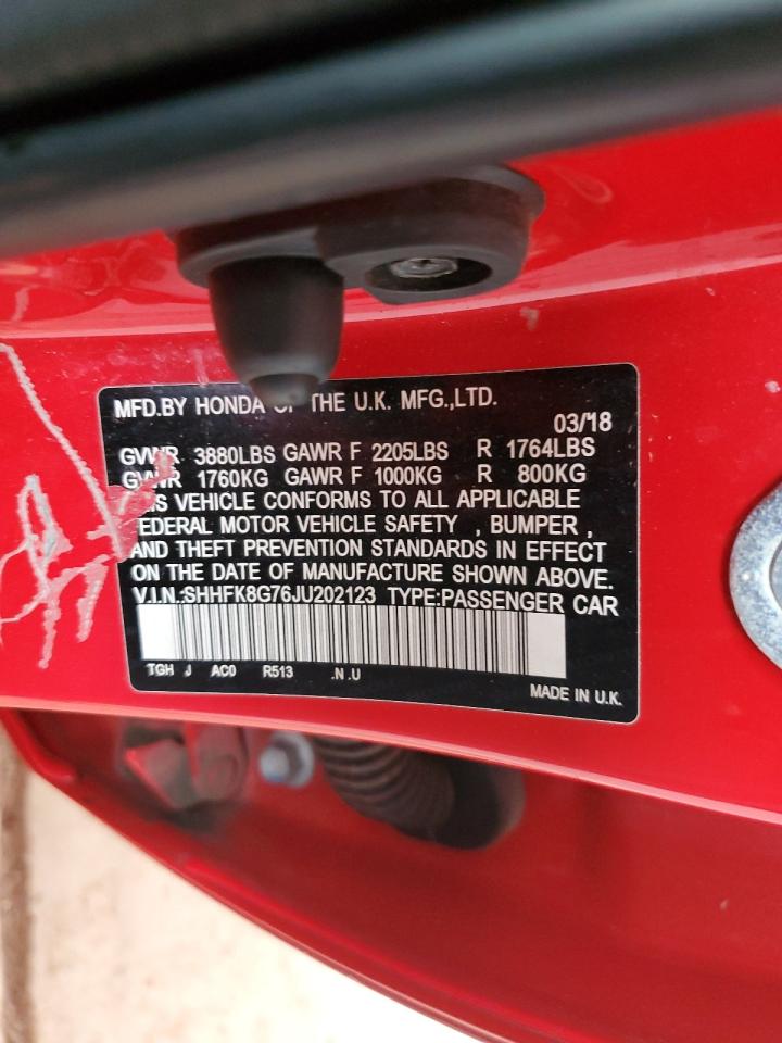 2018 Honda Civic Type-R Touring VIN: SHHFK8G76JU202123 Lot: 85553545