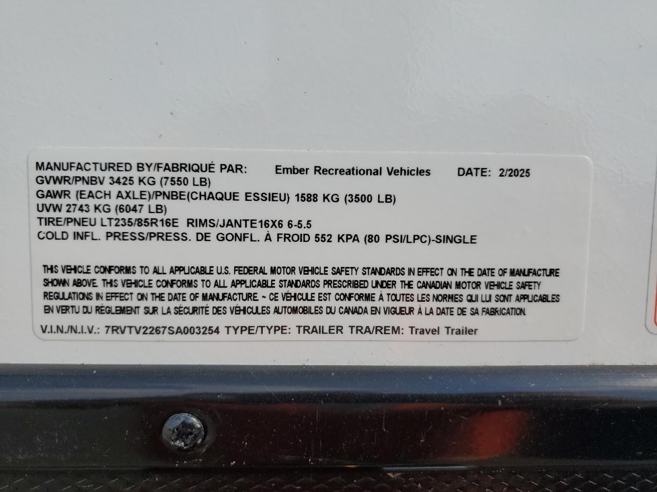 2025 Ember Rv Overl21Msl - Camper VIN: 7RVTV2267SA003254 Lot: 84172005