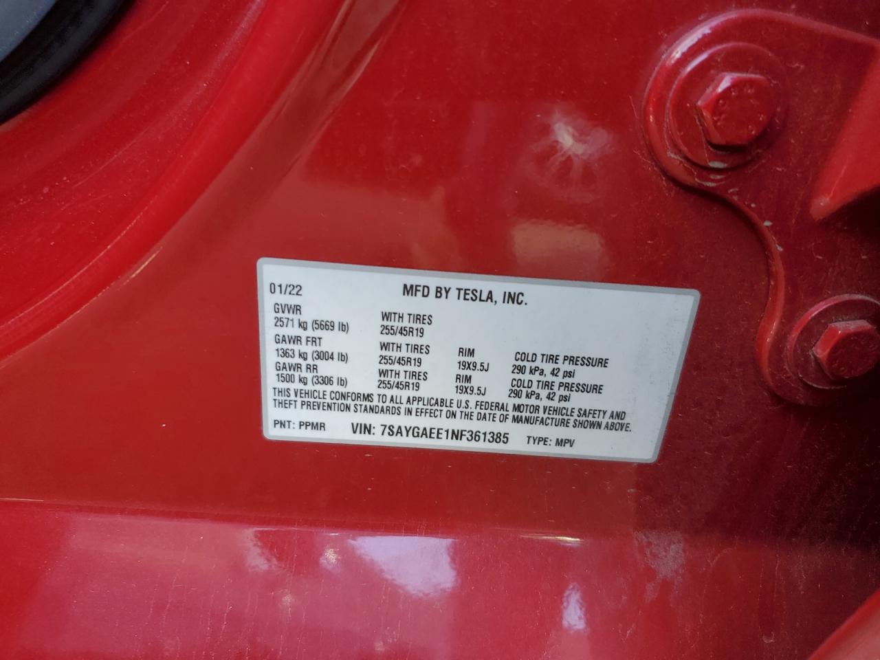 2022 Tesla Model Y VIN: 7SAYGAEE1NF361385 Lot: 87196155